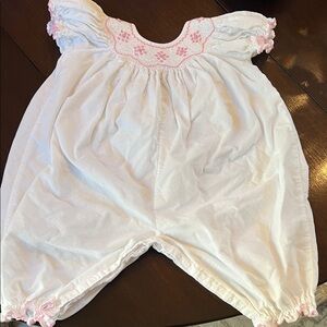 Petit Bebe White and Pink Smocked Girls Corduroy Romper One Piece